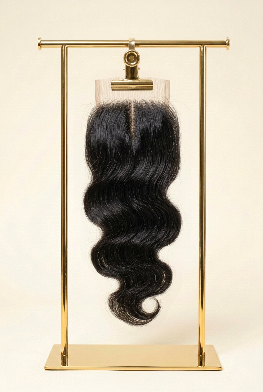 Body-wave lace closure on the matching gold rack