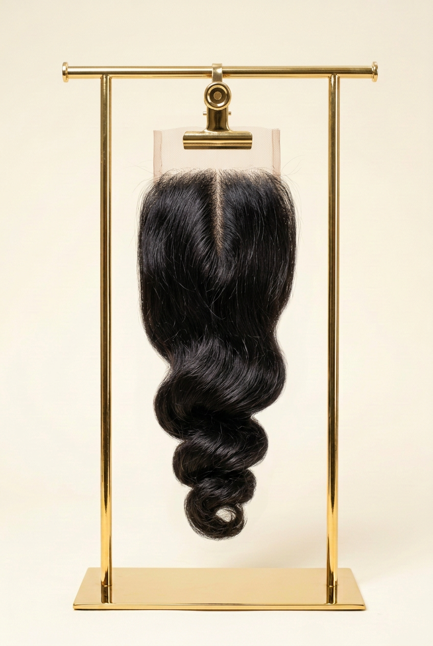 Fresh loose-wave closure with intact lace held by a gold clamp