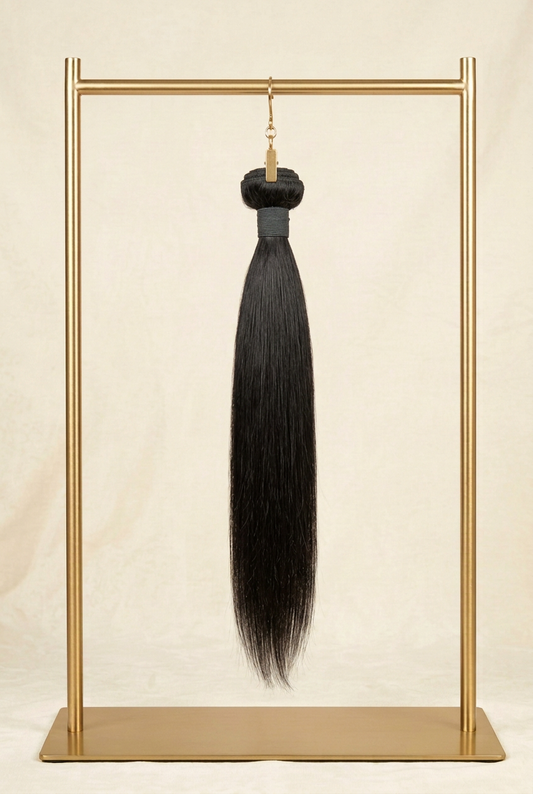 One straight bundle on the gold hanging rack