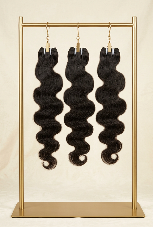 Three body-wave bundles hanging from a gold display rack